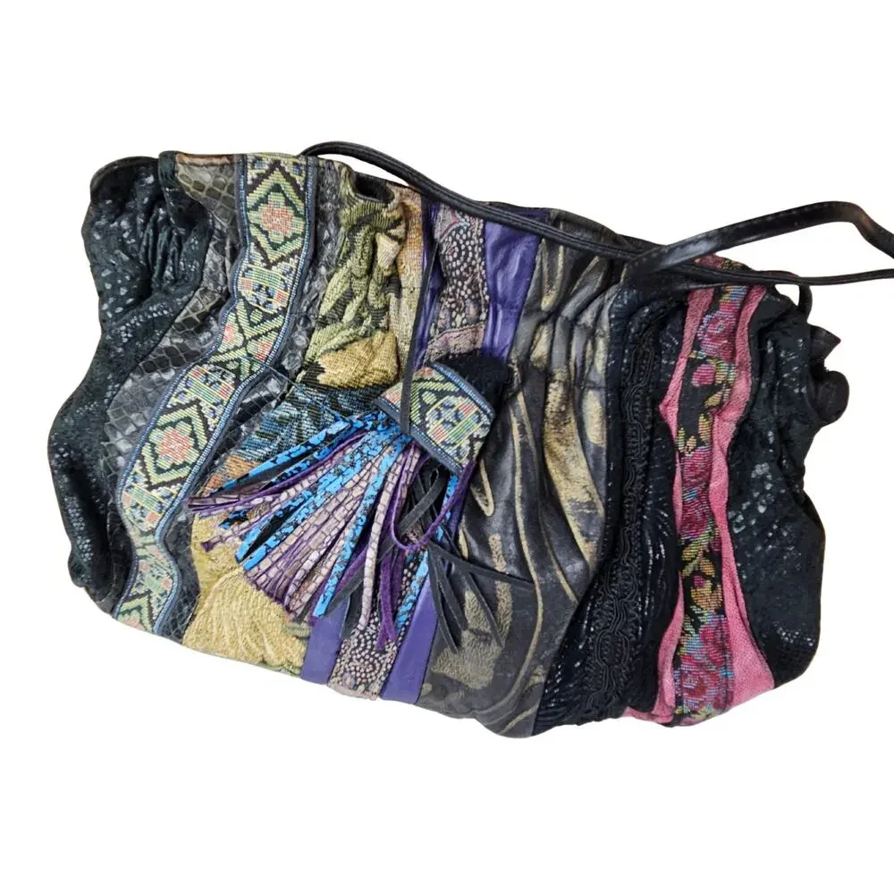80s Black Leather Patchwork Ruched Reversible Cross Body Clutch Tassle Viva Bag